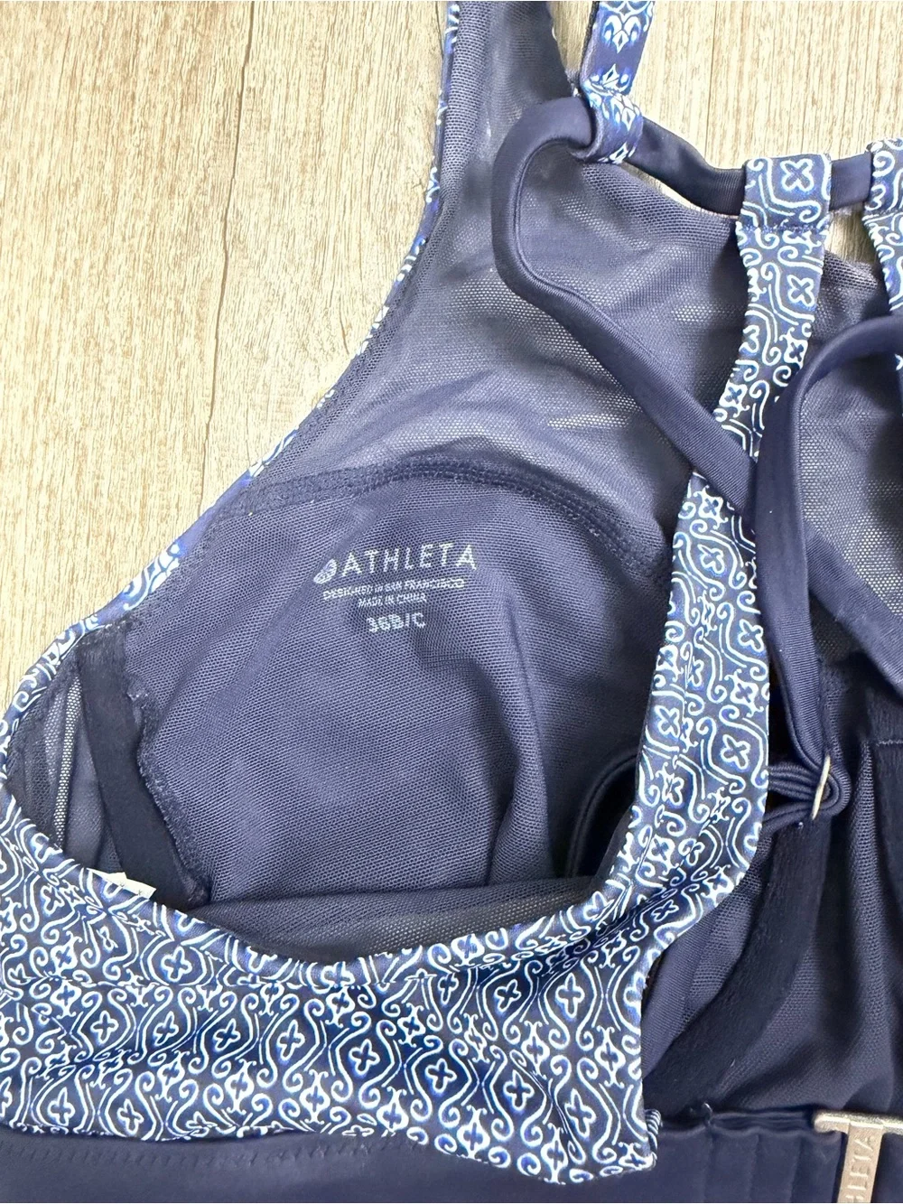 Athleta Navy & White High-Neck Patterned Swimsuit Top, size 36B/C